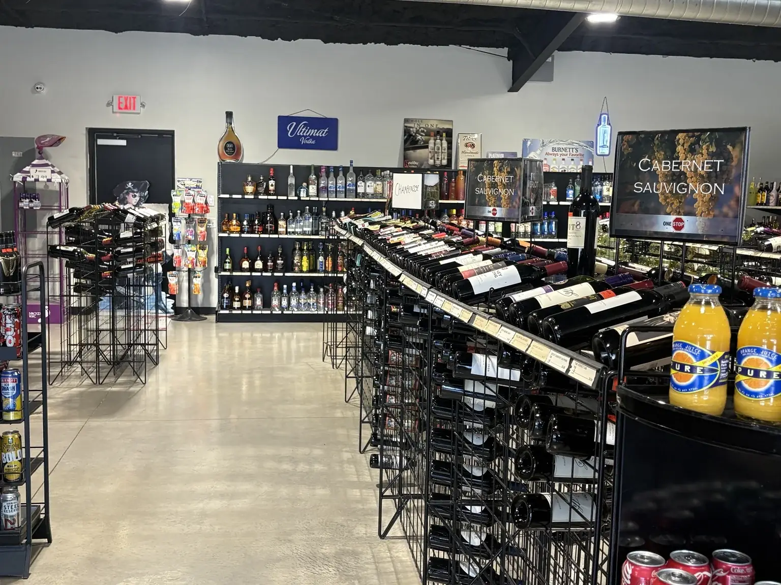 Wine bottles arranged in racks inside One Stop Liquor in Bethany, Oklahoma
